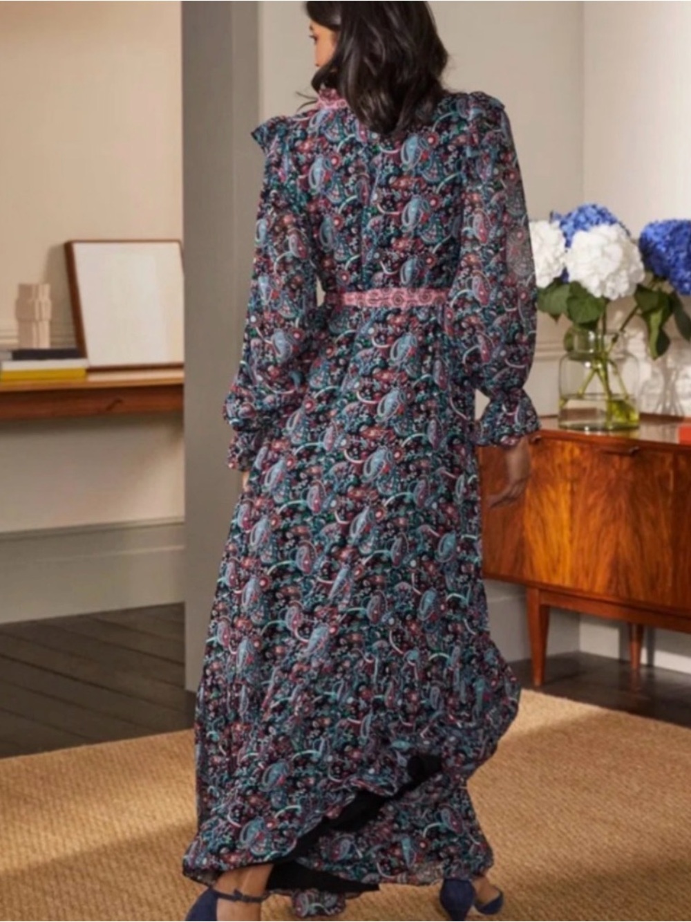 Boden Tie Belt Blue and Pink Paisley Maxi Dress size 6 - Picture 3 of 11